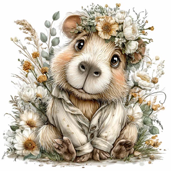 15 PNG Floral Capybara Clipart – Cute Animal PNG with Neutral Flowers for Nursery Wall Art, Baby Shower Prints, Stickers & Kids Room Decor