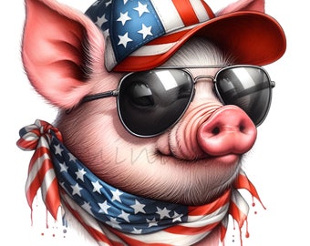 12 PNG Patriotic Pig – USA Flag Sunglasses Sublimation Design, 4th of July Clipart, Funny Farm Animal Art for Shirts Mugs Crafts