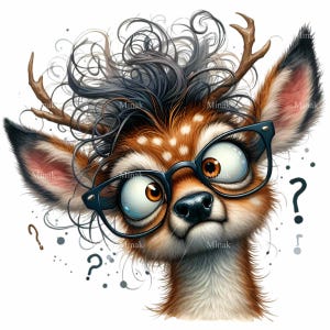 15 Clipart cerf original PNG - faon curieux drôle avec des lunettes et des cheveux en désordre PNG - Illustration de la forêt fantaisiste