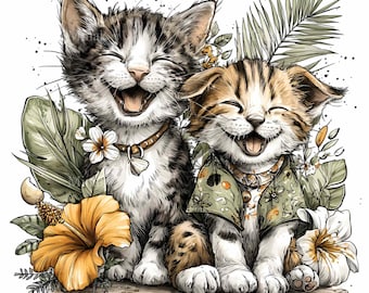 12 chatons tropicaux PNG, clipart chat d'été fleur d'hibiscus