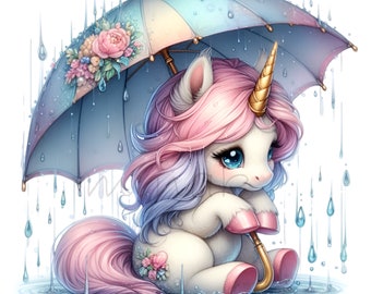 May include: A white unicorn with a pink and purple mane and tail is holding a blue and white umbrella with pink flowers. The unicorn is standing in a puddle of water with blue raindrops falling around it.