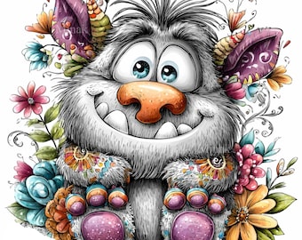 12 PNG Funny floral monster clipart – Cute cartoon PNG – Whimsical fantasy art for kids room, birthday decor, crafts or printable cards