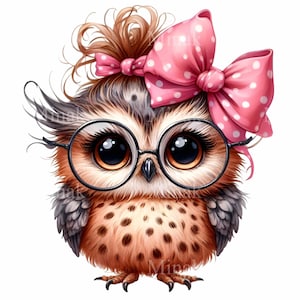 May include: A cartoon illustration of a brown and grey owl wearing pink glasses and a pink bow with white polka dots. The owl has large brown eyes and a brown beak.