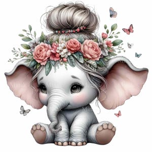 15 süße Elefant PNG Clipart mit Blumenkrone und Schmetterlingen | Baby Mädchen Elefant mit Haarknoten | Sofortiger digitaler Download