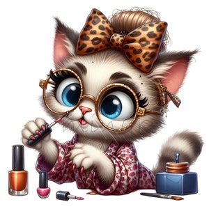 Cute Cat Doing Nails Clipart | Adorable Kitty Illustration 15 PNG | Perfect for Beauty and Fashion Designs