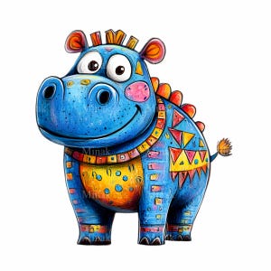 16 imágenes prediseñadas PNG de hipopótamos coloridos: lindos dibujos animados de hipopótamos con patrones de garabatos, arte animal caprichoso, descarga digital, sublimación