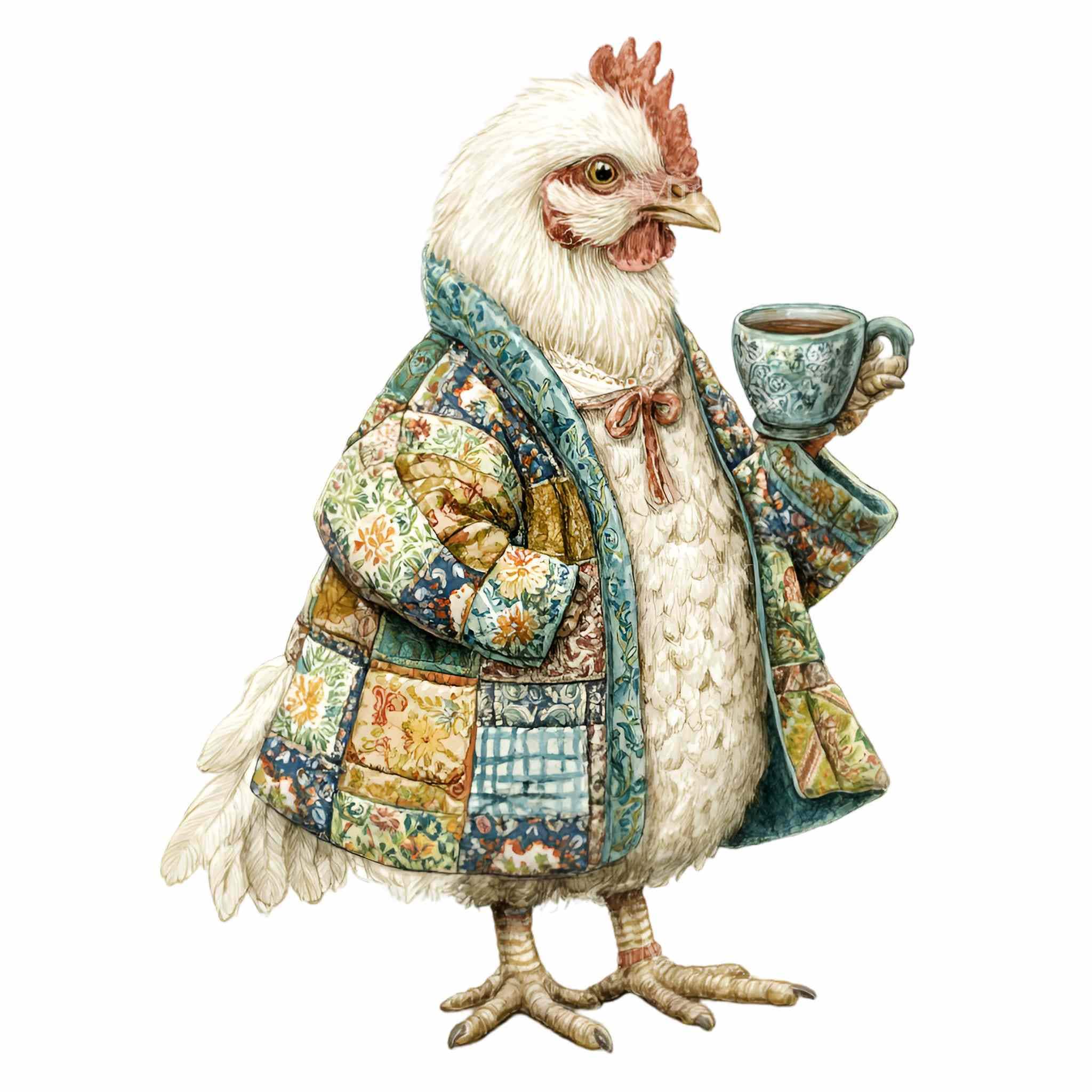 Rooster Robe 16 PNG Chicken in Robe Clipart, Funny Hen Drinking Coffee, Patchwork ...