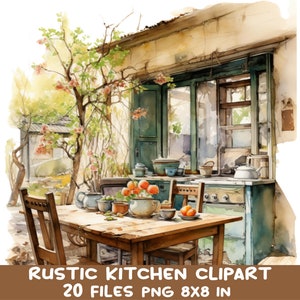 20 images clipart PNG de cuisine rustique, scène aquarelle de table extérieure