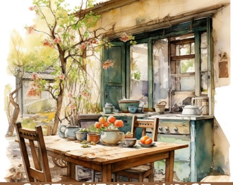 20 Rustic Kitchen Clipart PNG, Outdoor Table Watercolor Scene Art
