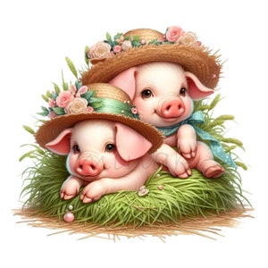 10 Clipart de porco PNG – Dois porquinhos fofos com chapéus de palha com flores, sentados na grama, sorrisos adoráveis e cores suaves