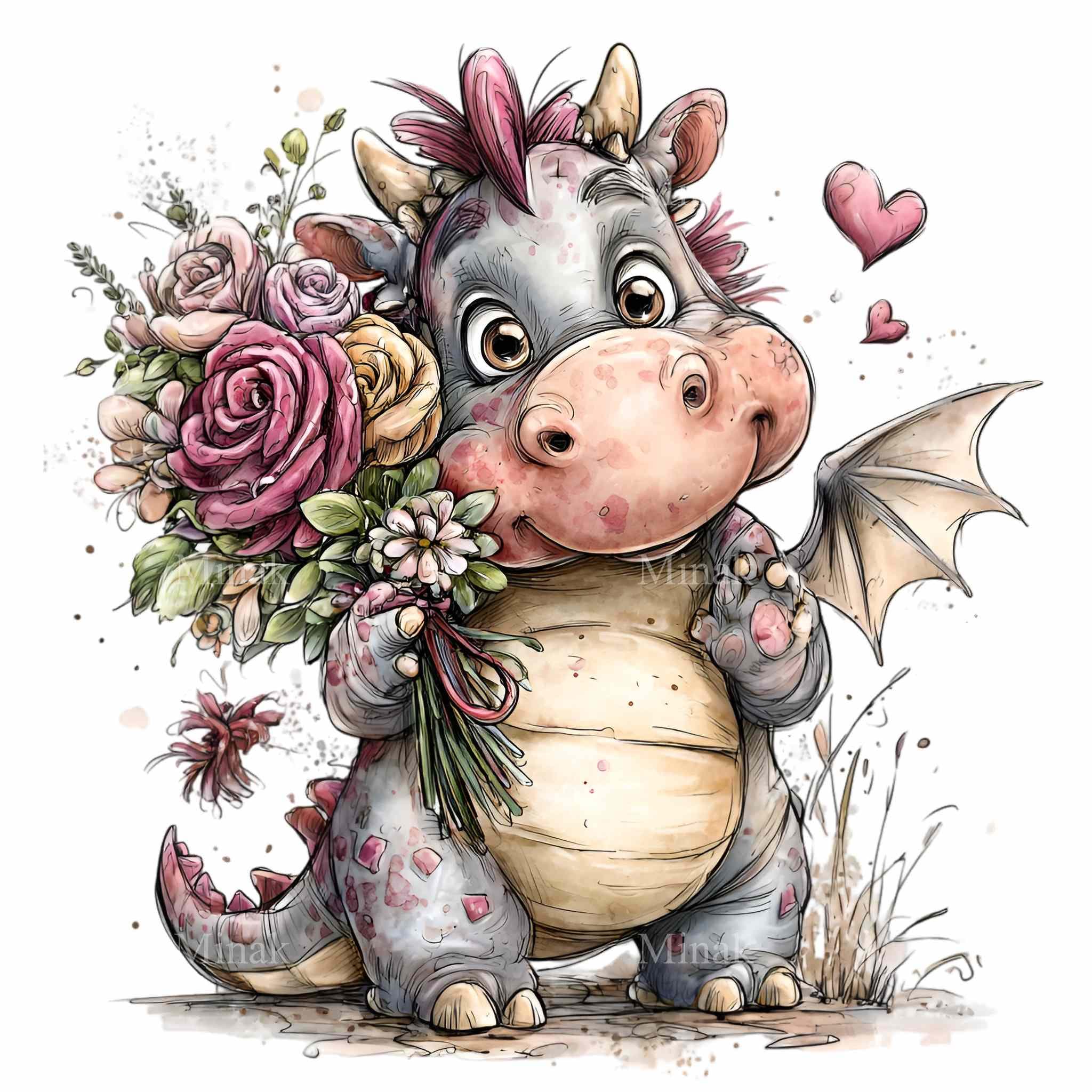 15 PNG Baby Dragon Clipart – Fantasy Animal With Roses for Valentine ...