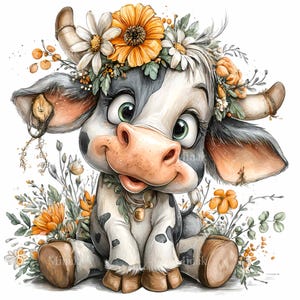 Op de afbeelding: Een grillige illustratie van een cartoonkoe met een bloemenkrans. De koe is voornamelijk wit en grijs met zwarte vlekken, een roze neus en grote groene ogen. Het is omgeven door oranje en witte bloemen en groen, wat een vrolijke scène creëert.