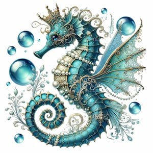 14 Seepferd PNG Clipart - Fantasy Blaues Seepferdchen mit Krone, Perlen und kunstvollen Details