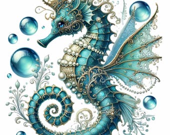 14 imágenes prediseñadas de caballito de mar: caballito de mar azul de fantasía con corona, perlas y detalles ornamentados