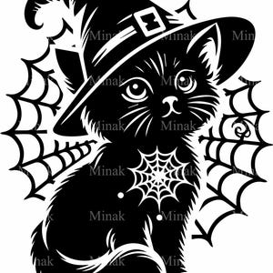 6 SVG sorcière chapeau chat coupe fichier SVG, chaton Halloween avec des cliparts toiles, fantasmagorique silhouette féline mignon pour travaux manuels