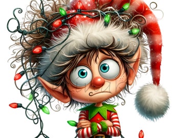 10 verwickelte Weihnachtselfen (PNG), lustige Helfer-Grafiken für die Feiertage mit Baumlichtern