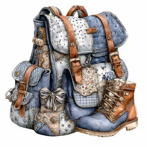 Può includere: Illustrazione ad acquerello di uno zaino patchwork blu e bianco con cinghie e fibbie in pelle marrone. Una piccola borsa abbinata con un fiocco e uno stivale blu e marrone completano il set. Lo zaino ha più tasche.