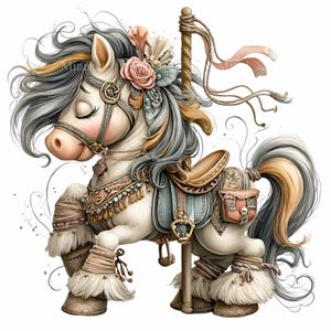 Może przedstawiać: Kapryśna ilustracja konia z karuzeli. Biały koń ma płynącą szarą i złotą grzywę i ogon, ozdobione kwiatowym nakryciem głowy i siodłem. Koń jest ozdobiony skomplikowanymi detalami i miękkimi, stonowanymi kolorami.