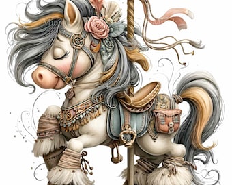 14 PNG Carousel Horse Clipart – Elegant Pony PNG – Vintage Floral Animal Art for Nursery Decor, Princess Room Prints, Invitations