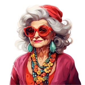 20 imágenes prediseñadas de abuela de moda PNG, elegante mujer mayor con gafas de sol, descarga digital de personas mayores de moda para sublimación