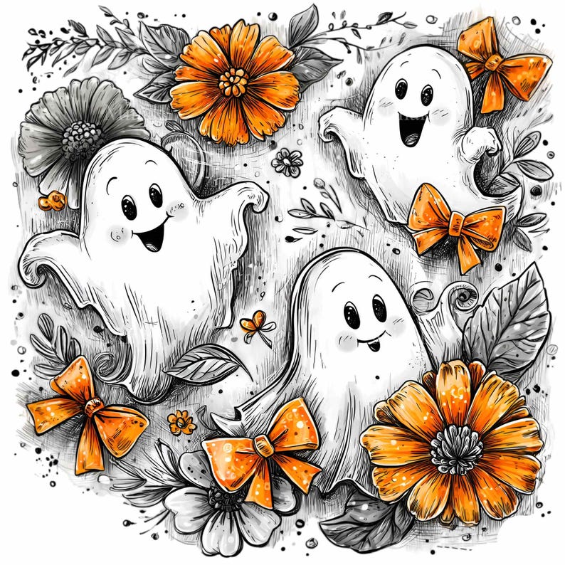 10 PNG Ghost With Bow Clipart, Halloween Floral Fall Sublimation - Etsy