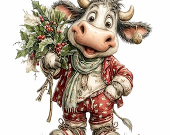 16 Weihnachtskühe mit Stechpalmenbeeren (PNG-Clipart), festliches Winterpyjama-Sublimationsdesign