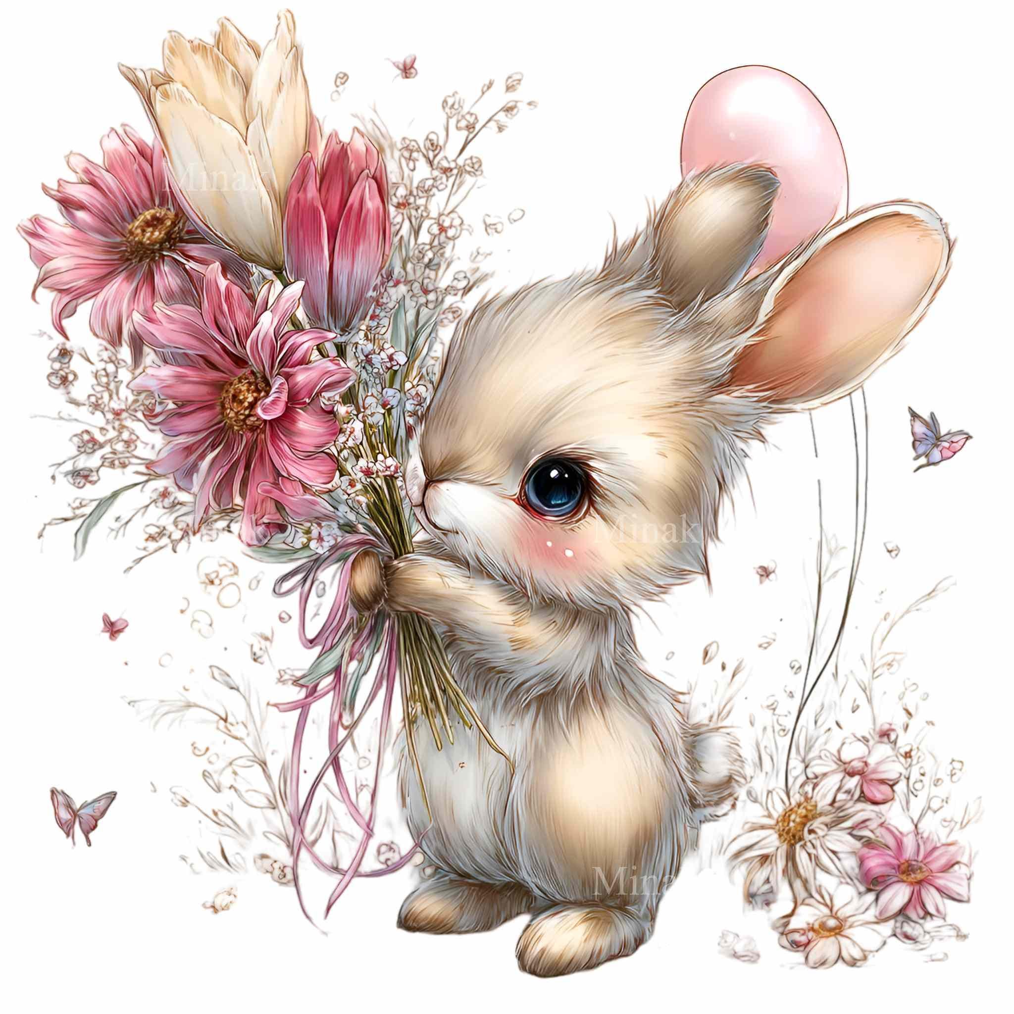 10 PNG Floral Bunny Clipart – Spring Rabbit With Rose Bouquet for ...