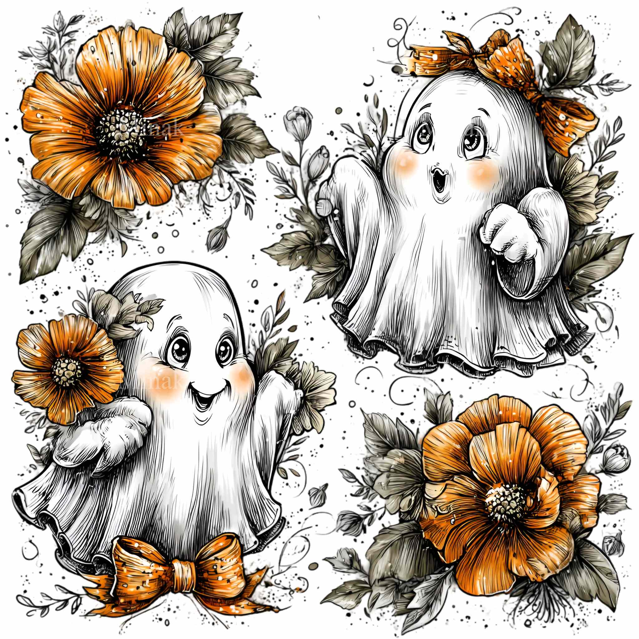 10 PNG Cute Floral Ghost – Halloween PNG Clipart – Girly Spooky Design ...