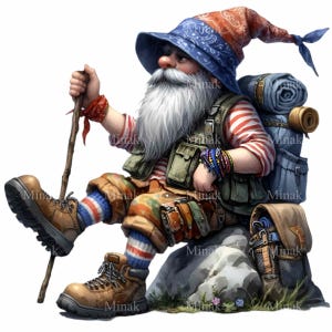 May include: A whimsical gnome wearing a red and blue hat and a striped shirt is sitting on a rock with a backpack and a walking stick. He is wearing hiking boots and has a long white beard.