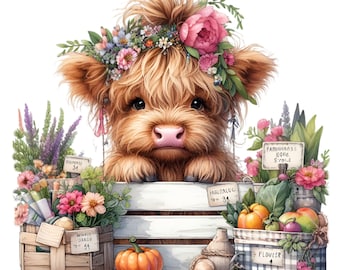 12 Highland Cow Flower Market Png, Farm Stand Pumpkin Floral Crown Clipart