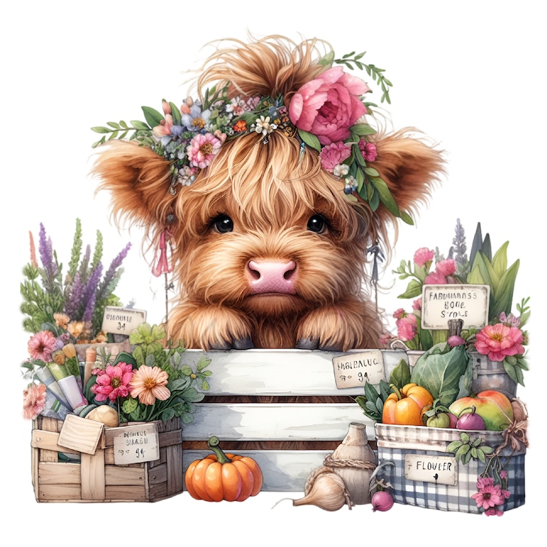 K&ouml;nnte beinhalten: Eine Highland-Kuh mit einer Blumenkrone, die auf einer Holzkiste sitzt, umgeben von verschiedenen Gem&uuml;sesorten und Blumen in K&ouml;rben. Die Schilder an den K&ouml;rben lauten "Farmhouse Home Style", "Hagelaluc 34", "Delicate Garden 34" und "Flower".