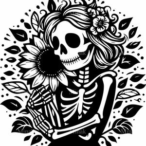 5 SVG de girasol esquelético, archivo de corte de abrazo de flor gótica, clipart de esqueleto lindo, silueta de amor espeluznante para manualidades de Halloween