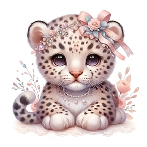 10 Elegant Snow Leopard Cub PNG Clipart, Cute Baby Leopard with Pearls and Floral Bow for Crafts and Sublimation