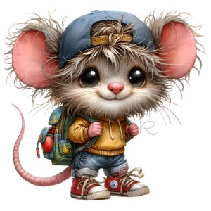 12 cliparts PNG cool école souris, jolie souris avec casquette, illustration animale fantaisiste, art numérique de la rentrée