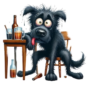 Funny Black Dog PNG Clipart | 15 Drunk Cartoon Dog with Beer Illustration | Comical Pet Drinking Art