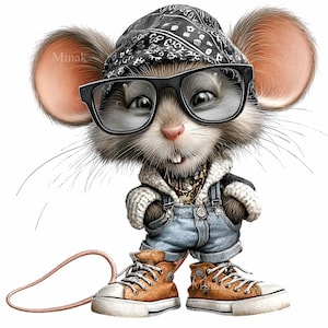 May include: A digitally created image of a mouse dressed in hip-hop attire. The mouse wears a black bandana, glasses, a hooded sweater, denim overalls, and brown sneakers. The mouse has a gold chain necklace and a pink nose.