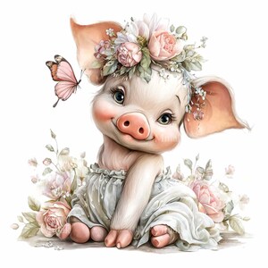 16 PNG Baby Pig Clipart, Floral Piglet Illustration, Farm Nursery Animal, Pastel Sublimation Graphic image 5