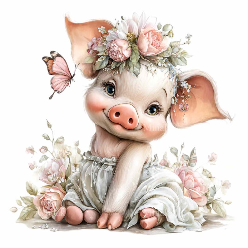 16 PNG Baby Pig Clipart, Floral Piglet Illustration, Farm Nursery Animal, Pastel Sublimation Graphic image 5