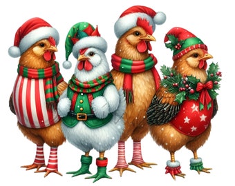 10 PNG-Cliparts mit vier weihnachtlichen Hühnern, festliches Weihnachtsmannmützen-Pullover-Sublimationsdesign