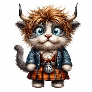 10 cliparts de chat des Highlands écossais PNG | Chat mignon en kilt écossais avec cornes et veste | Illustration animale drôle d'Ecosse