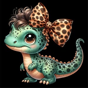 Dinosaurie-clip art, 10 PNG-kladdig bulle, dinosaurieflicka-clipart, rolig djur-clipart, utskrivbar leopardmönster-rosett för barnrum, DIY-korttillverkning bild 9