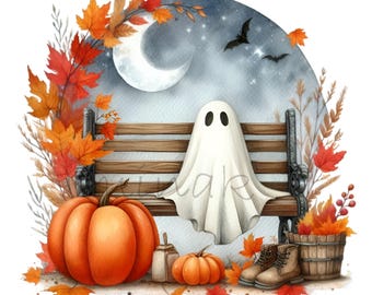 10 Ghost Park Bench Autumn Pumpkin PNG, Fall Moon Spooky Art Design