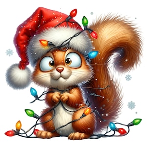 15 PNG Luci di Natale Scoiattolo - Graziosa Clipart PNG per le vacanze - Cappello da Babbo Natale Animale invernale per biglietti, adesivi, lavori di sublimazione