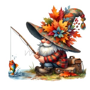 12 Gnomo da pesca autunnale PNG Clipart, Cappello con foglie autunnali, Pesci colorati, Camicia a quadri e stivali, Download digitale di Woodland