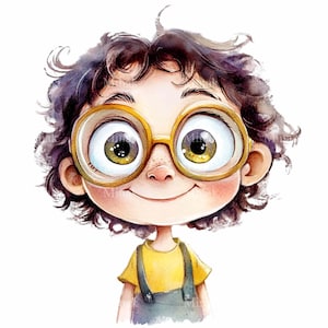12 Quirky Kid PNG Clipart - Grandi occhiali, sorriso giocoso e illustrazione di capelli corti