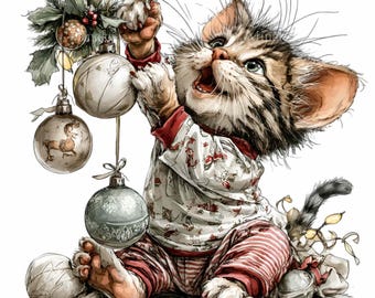 以下が含まれることがあります： クリスマスオーナメントで遊ぶパジャマ姿のトラ猫の気まぐれなイラスト。猫は白と赤の模様のパジャマトップと赤と白のストライプのパンツを着用しています。オーナメントは銀色で、お祝いのデザインで飾られています。