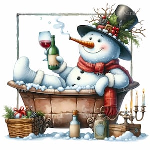 Image clipart bonhomme de neige relaxant PNG - Noël drôle PNG - Scène de spa d'hiver pour amateurs de vin, cartes de vœux et designs par sublimation