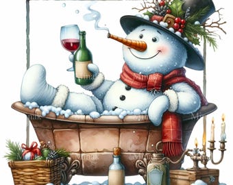 15 PNG Snowman In Bathtub Wine Glass, Top Hat Red Scarf Winter Clipart