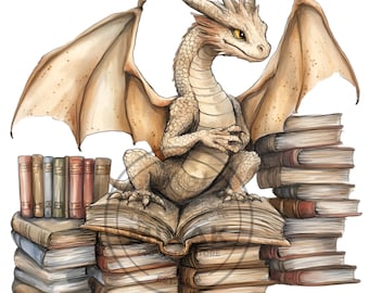 12 Book Dragon PNG Reading Library Bookshelf Fantasy Scholar Art Clipart