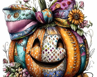 10 PNG Patchwork Pumpkin Clipart, Quilted Autumn Flower Stitched Art